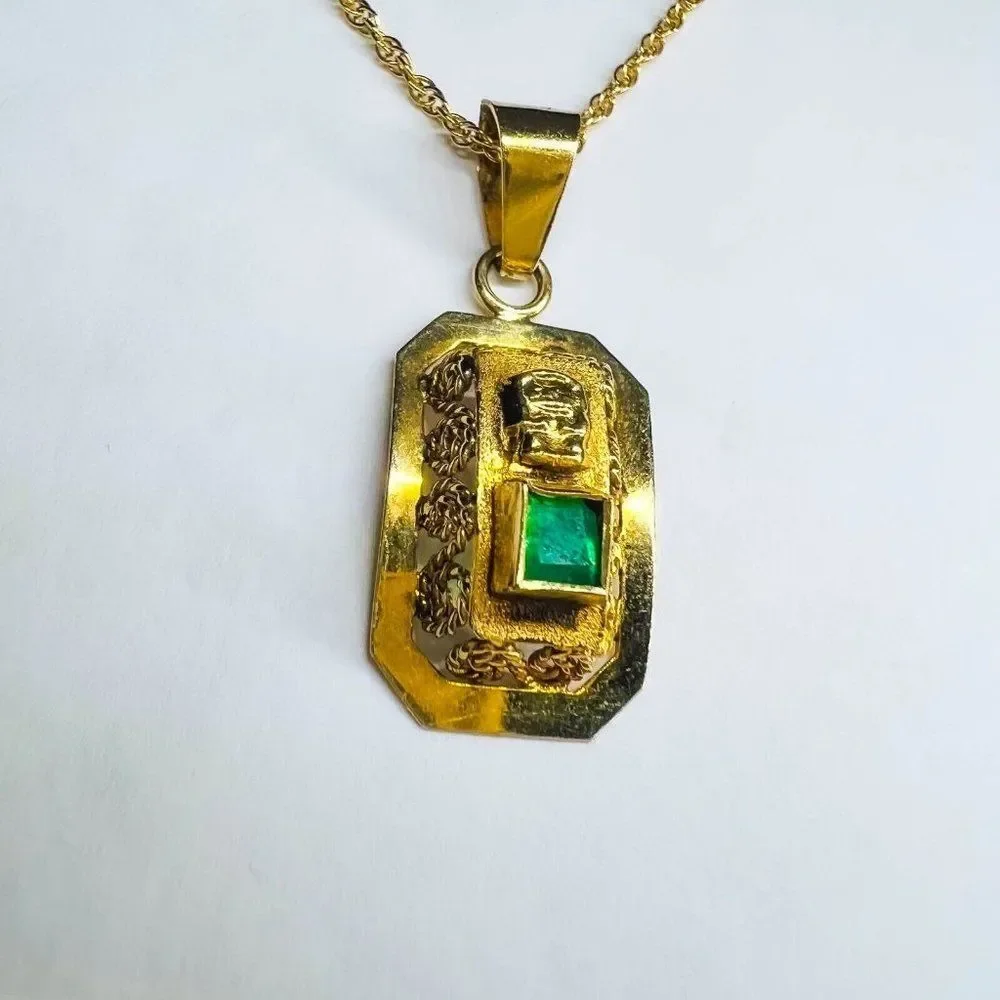 18k Yellow Gold Pre Columbian Tumi Natural Emerald Necklace 18" 3.3g 14k Chain - Picture 6 of 15